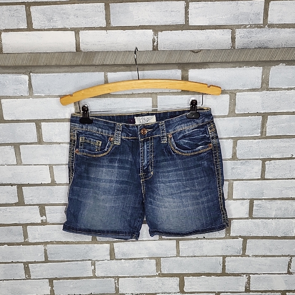 VGS Women's Trendy Blue Mid-Rise Denim Jean Shorts Distressed